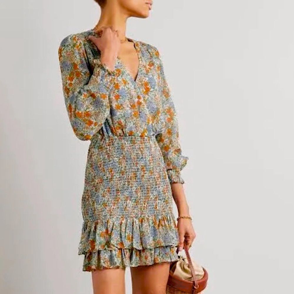 Veronica Beard Saera Floral Smocked Long Sleeve Silk Dress Size 10